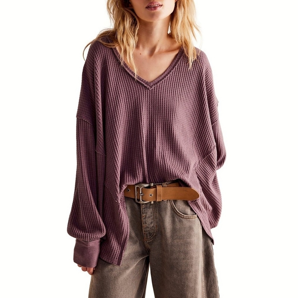 Free People Coraline Thermal top Potent Purple waffle knit dolman sz medium NWT - Picture 8 of 9
